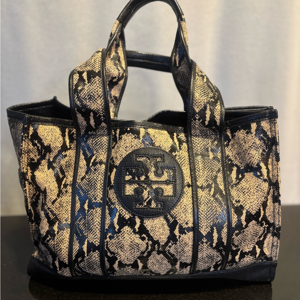 Authentic Tory Burch Black and Cream Snakeskin Pattern Large Canvas Tote